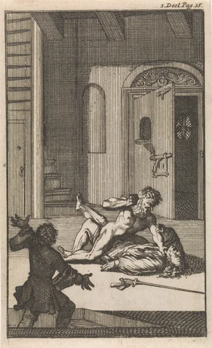 Don Clarazel te Marseille aangevallen door de krankzinnige broer van de waard by Caspar Luyken, print, 1697