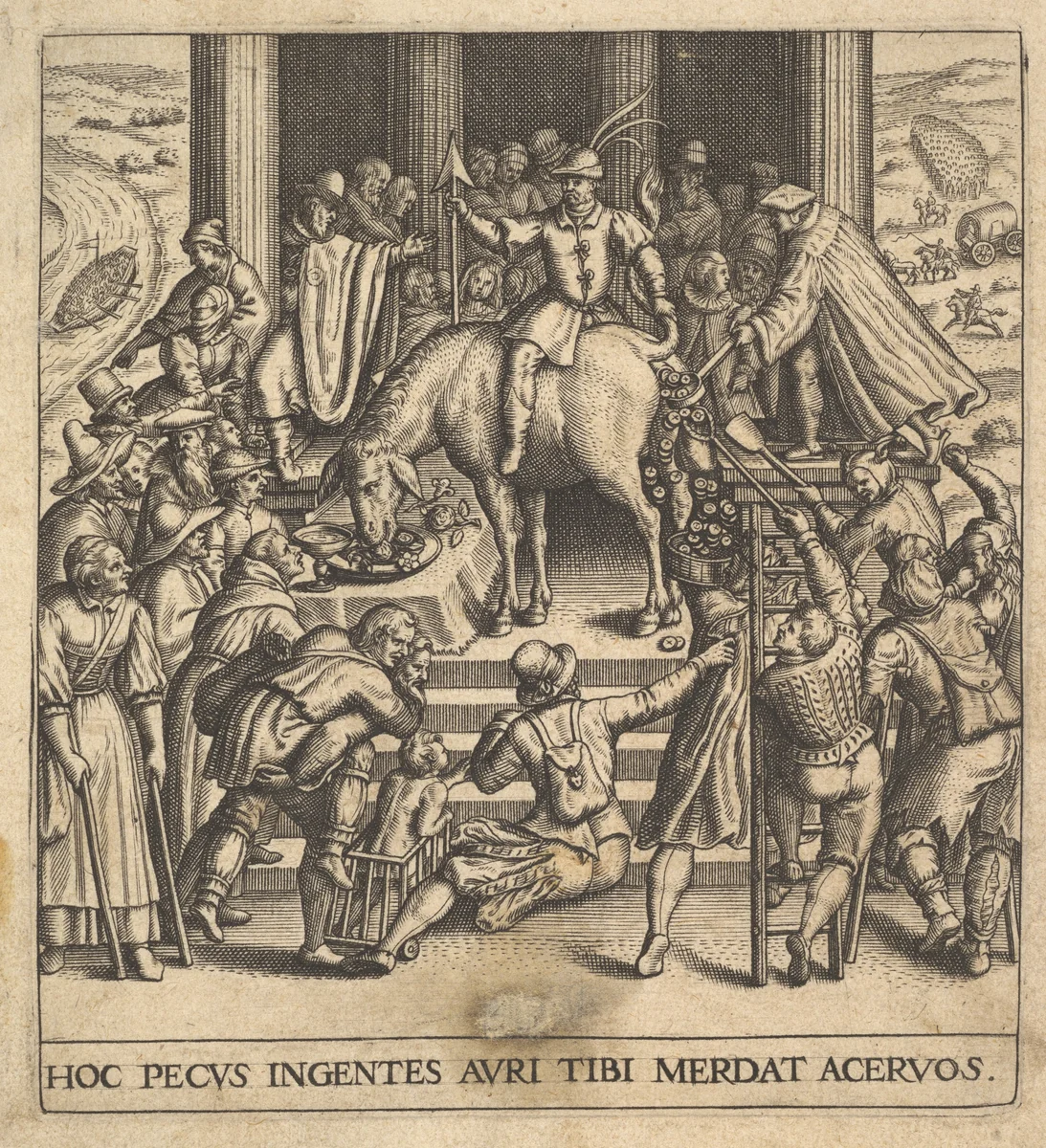 Men collecting dung dropping from the hindquarters of a mule, with a rider sitting backward on the mule and holding its tail aside, surrounded by onlookers spread around a stepped platform, from "Secular Emblems" (Emblemata Saecularia) by Johann Theodor de Bry, print, 1592-1614