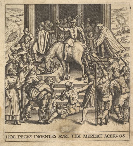 Men collecting dung dropping from the hindquarters of a mule, with a rider sitting backward on the mule and holding its tail aside, surrounded by onlookers spread around a stepped platform, from "Secular Emblems" (Emblemata Saecularia) by Johann Theodor de Bry, print, 1592-1614