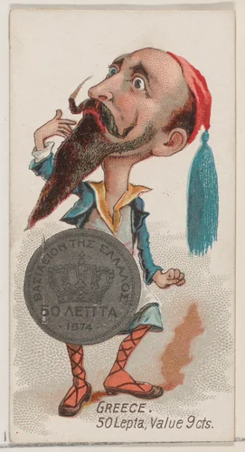 Caricatured Greek figure, 50 Lepta, from the series Coins of All Nations (N72, variation 1) for Duke brand cigarettes by W. Duke, Sons & Co., print, 1889