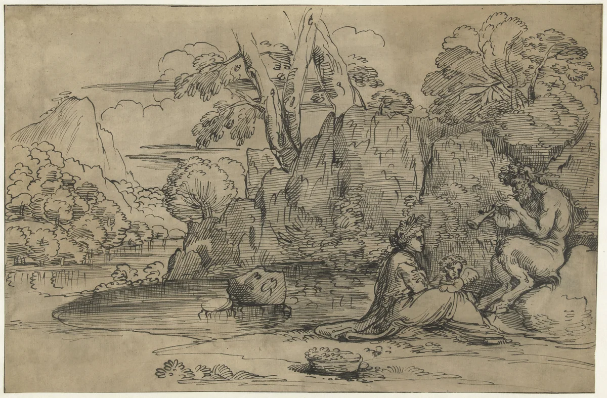 Landschap met een fluitspelende sater, vrouw en putto by Unknown, drawing, 1570-1609