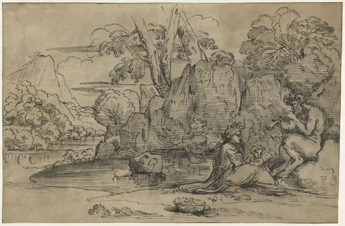 Landschap met een fluitspelende sater, vrouw en putto by Unknown, drawing, 1570-1609