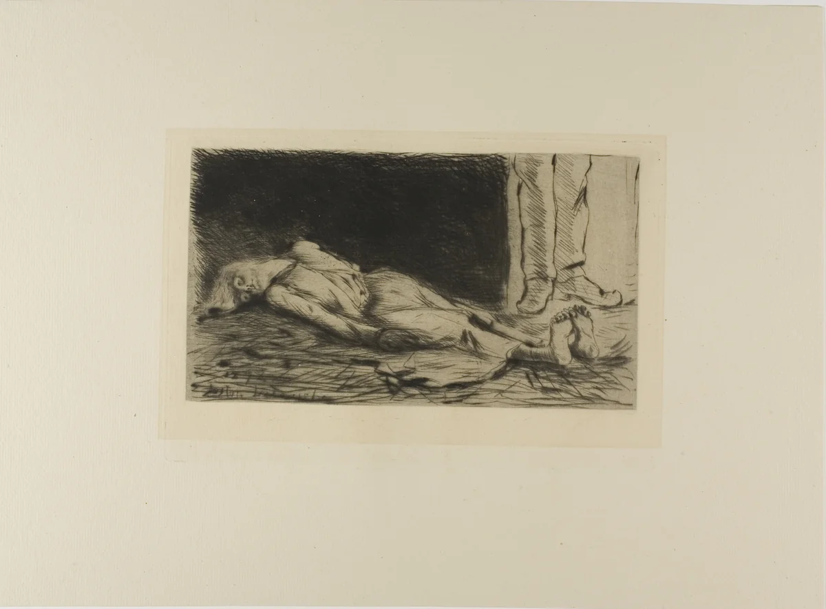 Plate from l'Assommoir (woman lying on floor) by Gaston La Touche, print, 1878