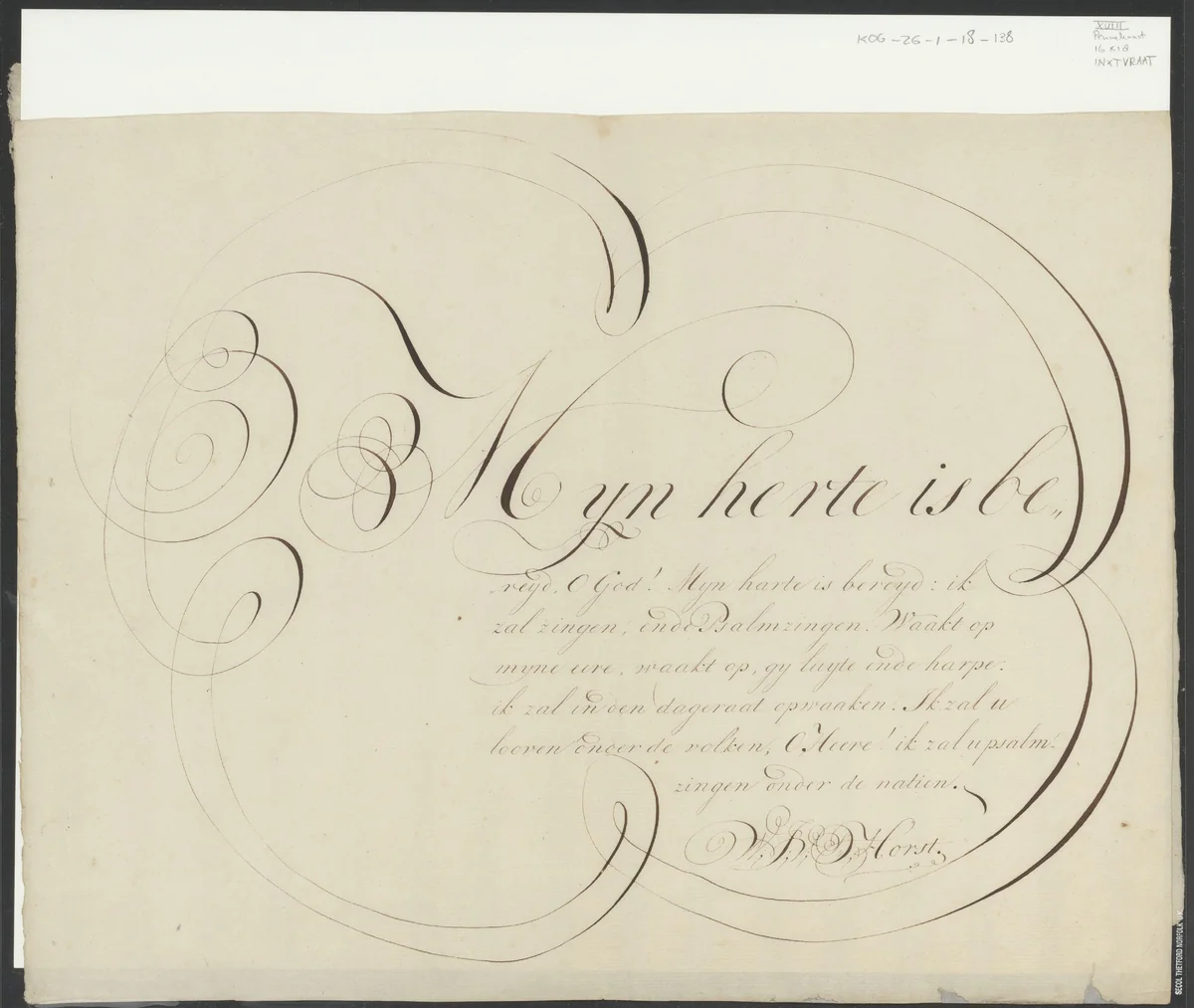 Kalligrafie op het gedicht: Mijn herte is bereyd, O God! by W.B.D. Horst, other, 1800-1849