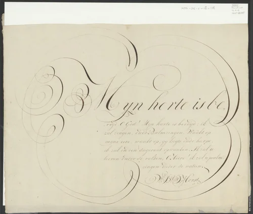Kalligrafie op het gedicht: Mijn herte is bereyd, O God! by W.B.D. Horst, other, 1800-1849