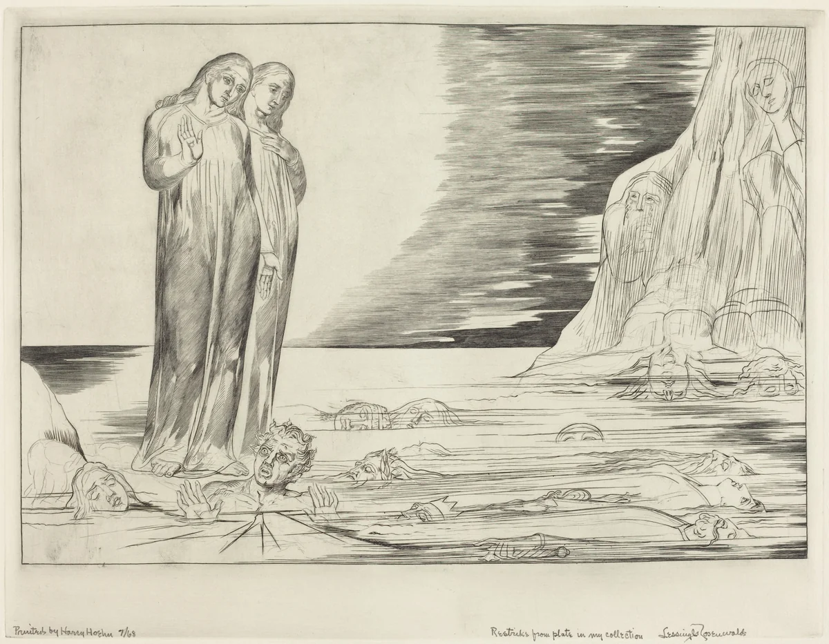 The Circle of the Traitors; Dante's Foot Striking Bocca degli Abbate by William Blake, print, 1827