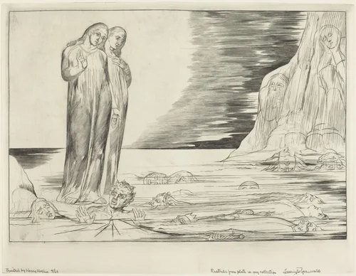 The Circle of the Traitors; Dante's Foot Striking Bocca degli Abbate by William Blake, print, 1827
