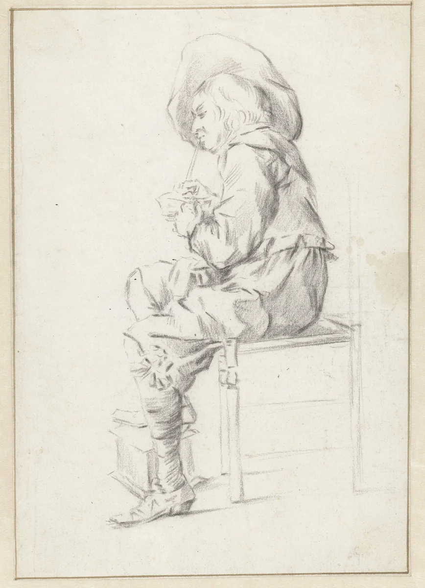Zittende jongeman die zijn pijp aansteekt by anonymous, drawing, 1600-1699