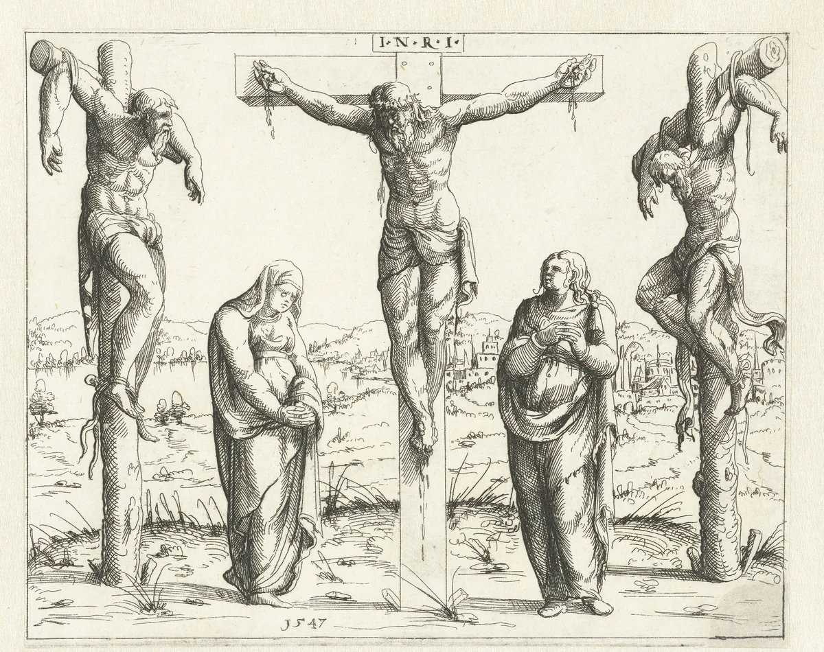 Christus aan het kruis en Maria en Johannes by Augustin Hirschvogel, print, 1547