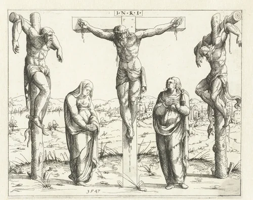 Christus aan het kruis en Maria en Johannes by Augustin Hirschvogel, print, 1547