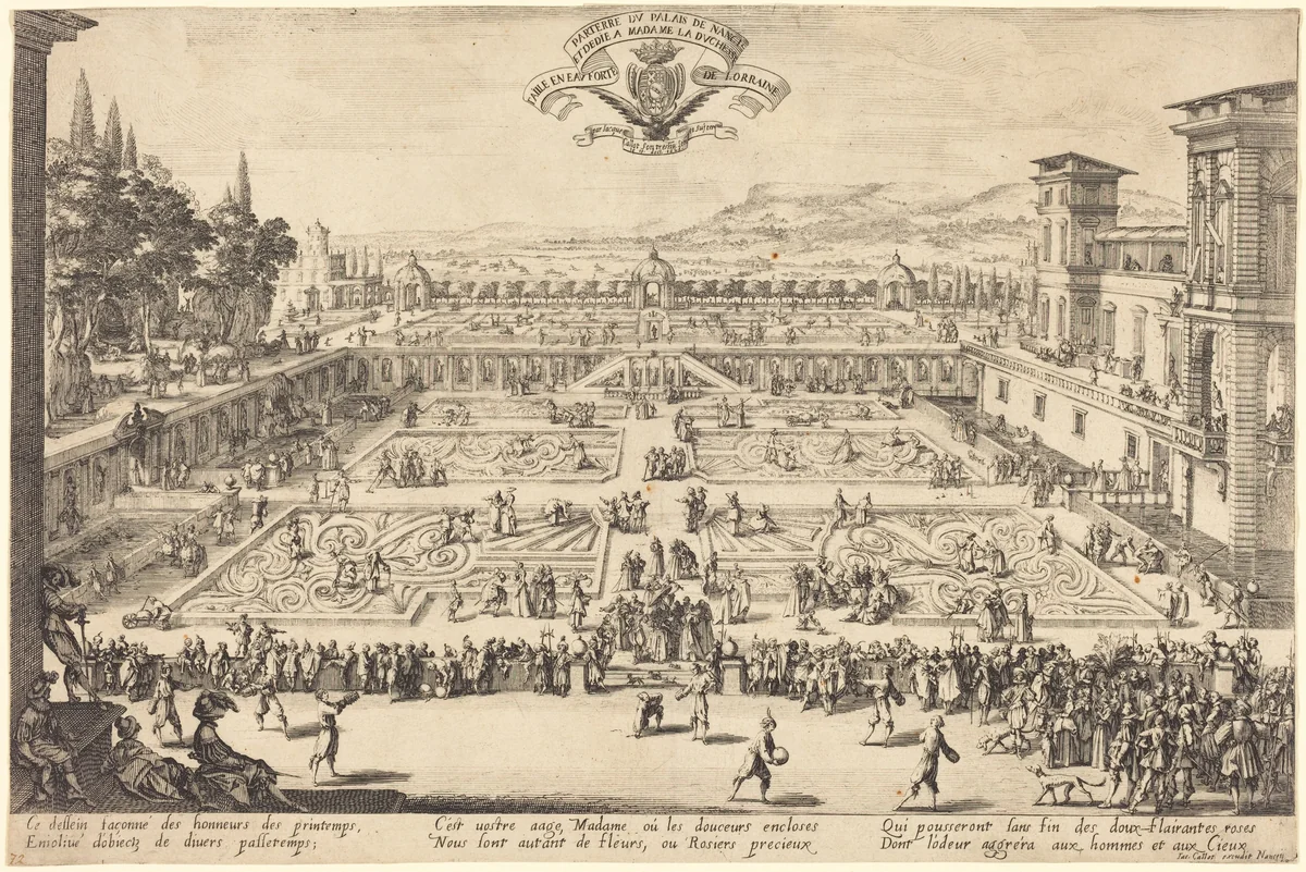 The Palace Gardens at Nancy by Jacques Callot, print, 1625