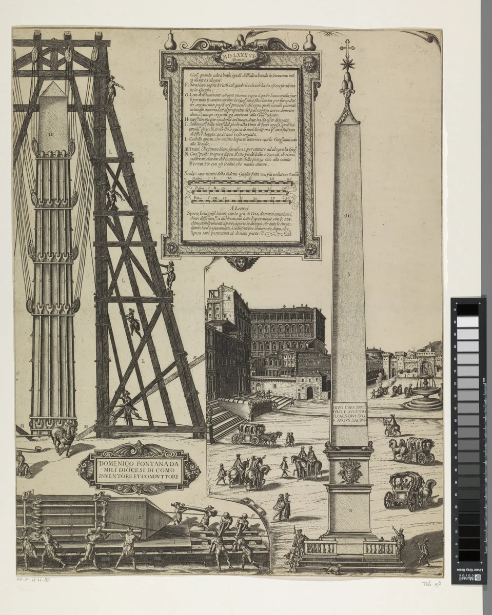 Het oprichten van de obelisk op het St. Pietersplein by Natale Bonifazio, print, 1586