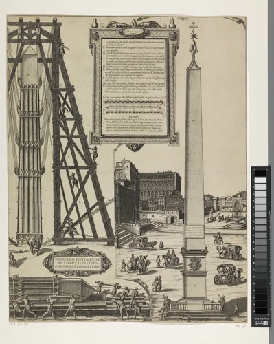 Het oprichten van de obelisk op het St. Pietersplein by Natale Bonifazio, print, 1586