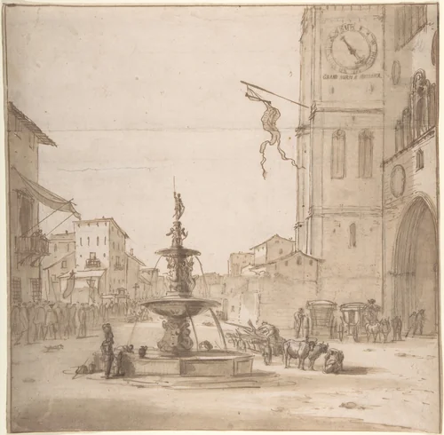 A View of the Piazza del Duomo, Messina, with the Fountain of Orion, the Cathedral to the right by Willem Schellinks, drawing, 1663-1678