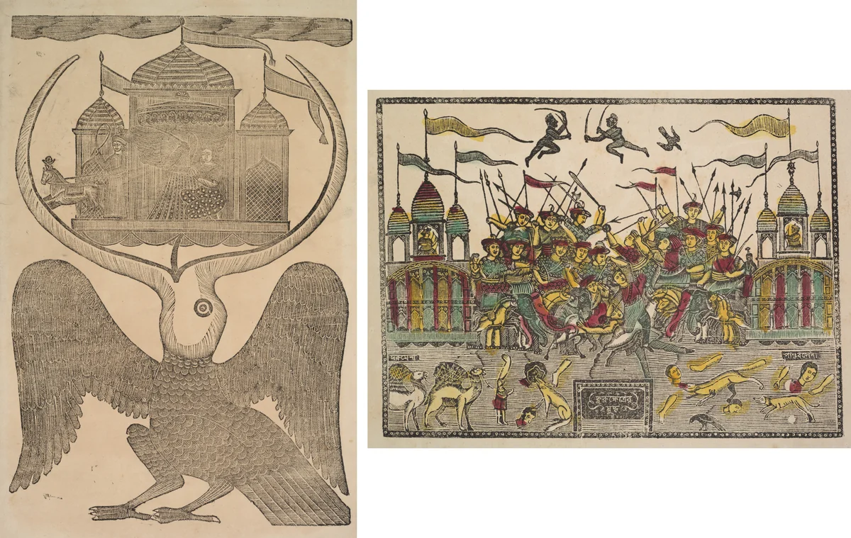 Leaf from a Kalighat album: Jatayu hinders Ravana’s chariot trying to prevent Sita’s abduction (recto); Battle Scene at Kurukshetra from the Mahabharata War (verso) by Shri Gobinda Chandra Roy, print, 1875-1905