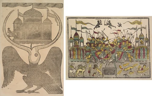 Leaf from a Kalighat album: Jatayu hinders Ravana’s chariot trying to prevent Sita’s abduction (recto); Battle Scene at Kurukshetra from the Mahabharata War (verso) by Shri Gobinda Chandra Roy, print, 1875-1905