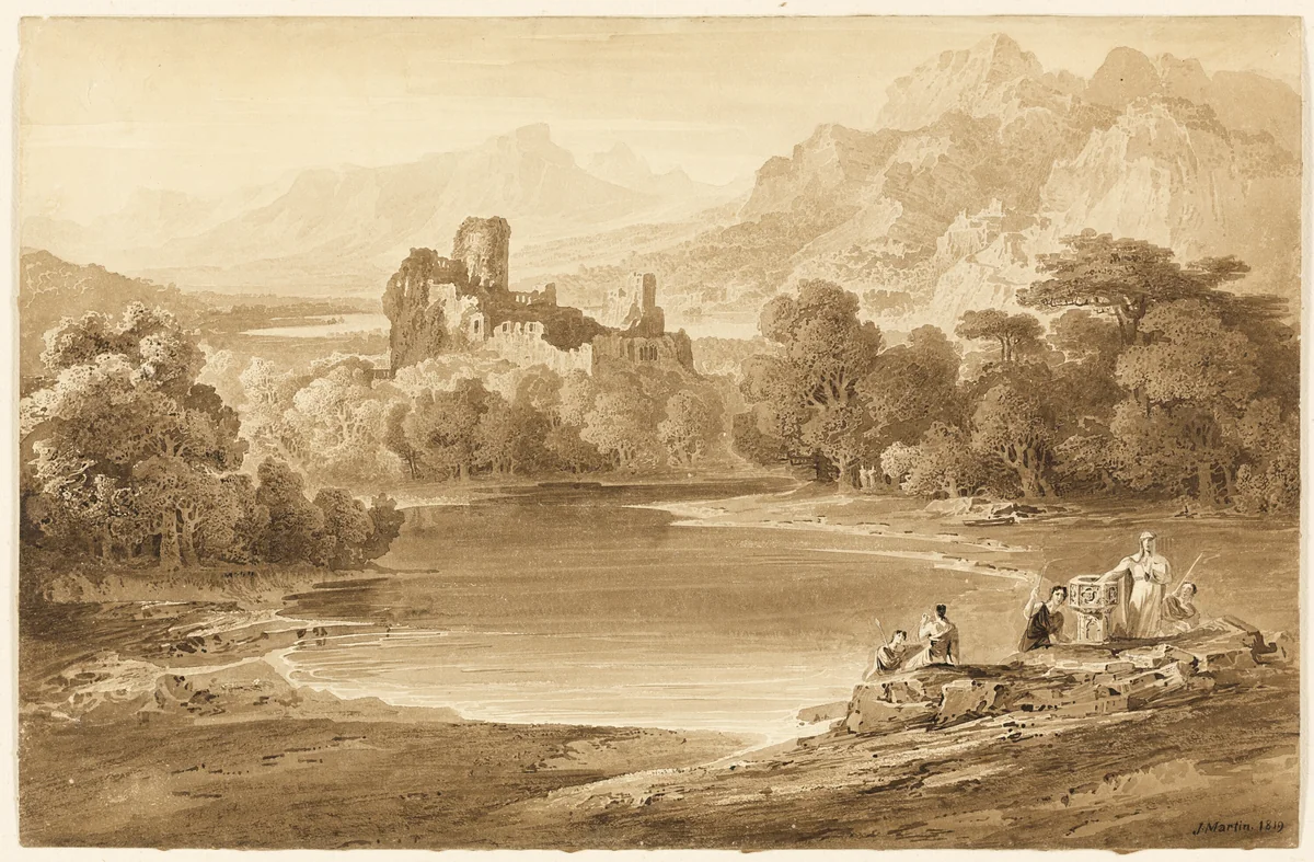 Landscape with a Ruined Castle by John Martin, drawing, 1819