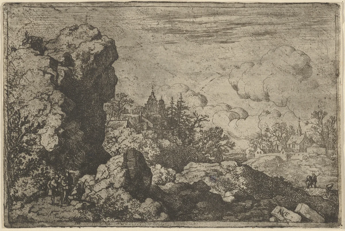 The Three Travellers at the Foot of High Rock by Allart van Everdingen, print, 1621-1675