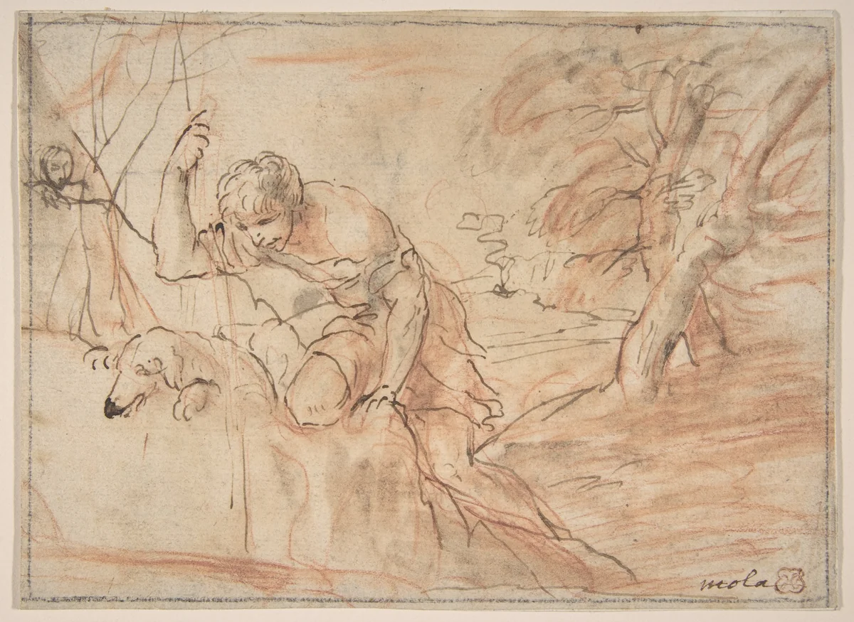 Framed Sketch for a Man, a Dog and a Tree by Pier Francesco Mola, drawing, 1612-1666