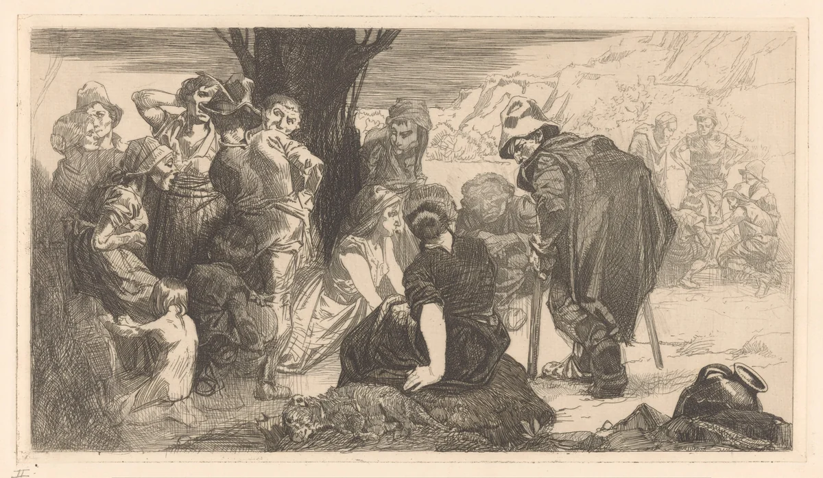 Mannen, vrouwen en kinderen bij een boom by Johannes Josephus Aarts, print, 1881-1934