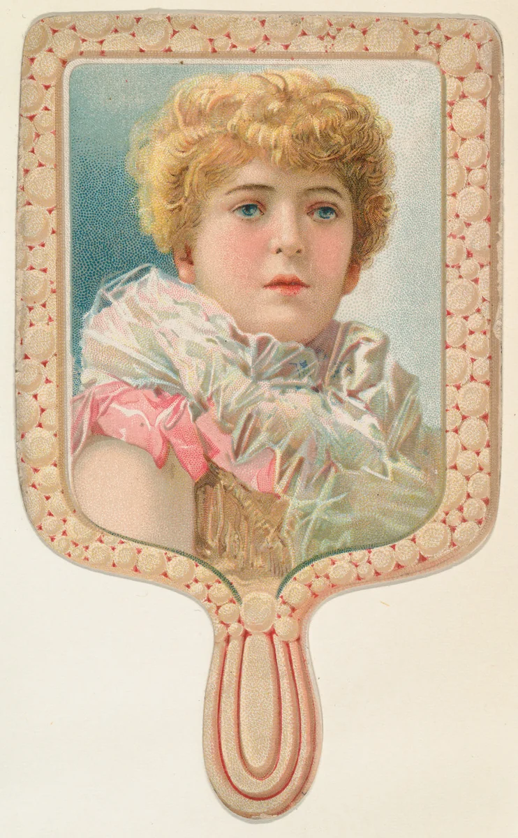 Hand mirror with woman in ruffled white collar, from the Novelties series (N122) issued by Gail & Ax Tobacco to promote Navy Long Cut by Gail & Ax Tobacco, print, 1889