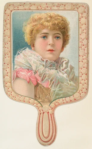 Hand mirror with woman in ruffled white collar, from the Novelties series (N122) issued by Gail & Ax Tobacco to promote Navy Long Cut by Gail & Ax Tobacco, print, 1889