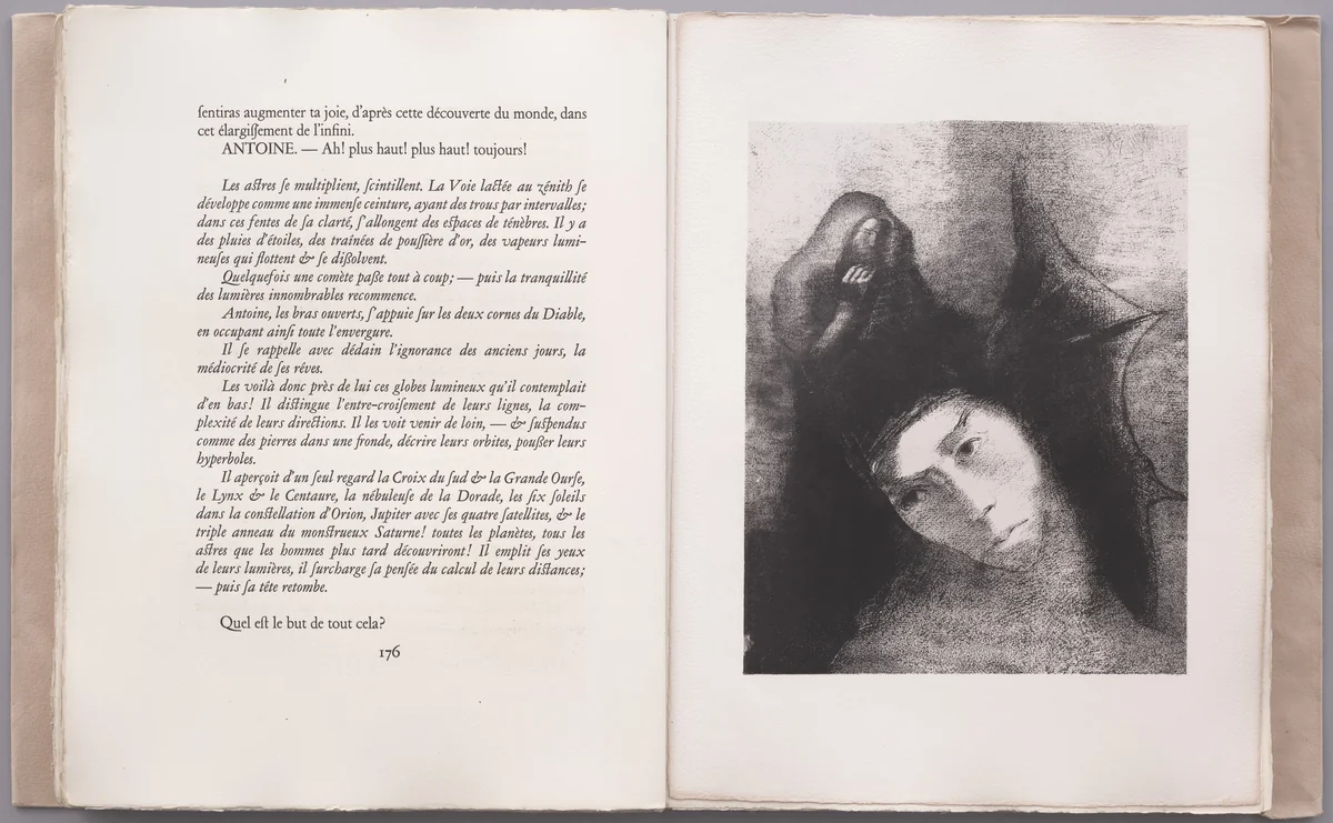 Anthony: What Is the Point of All This? The Devil: There Is No Point! (Antoine: Quel est le but de tout cela? Le Diable: Il n'y a pas de but!) (plate XVI) from La Tentation de Saint-Antoine by Odilon Redon, illustrated book, 1896