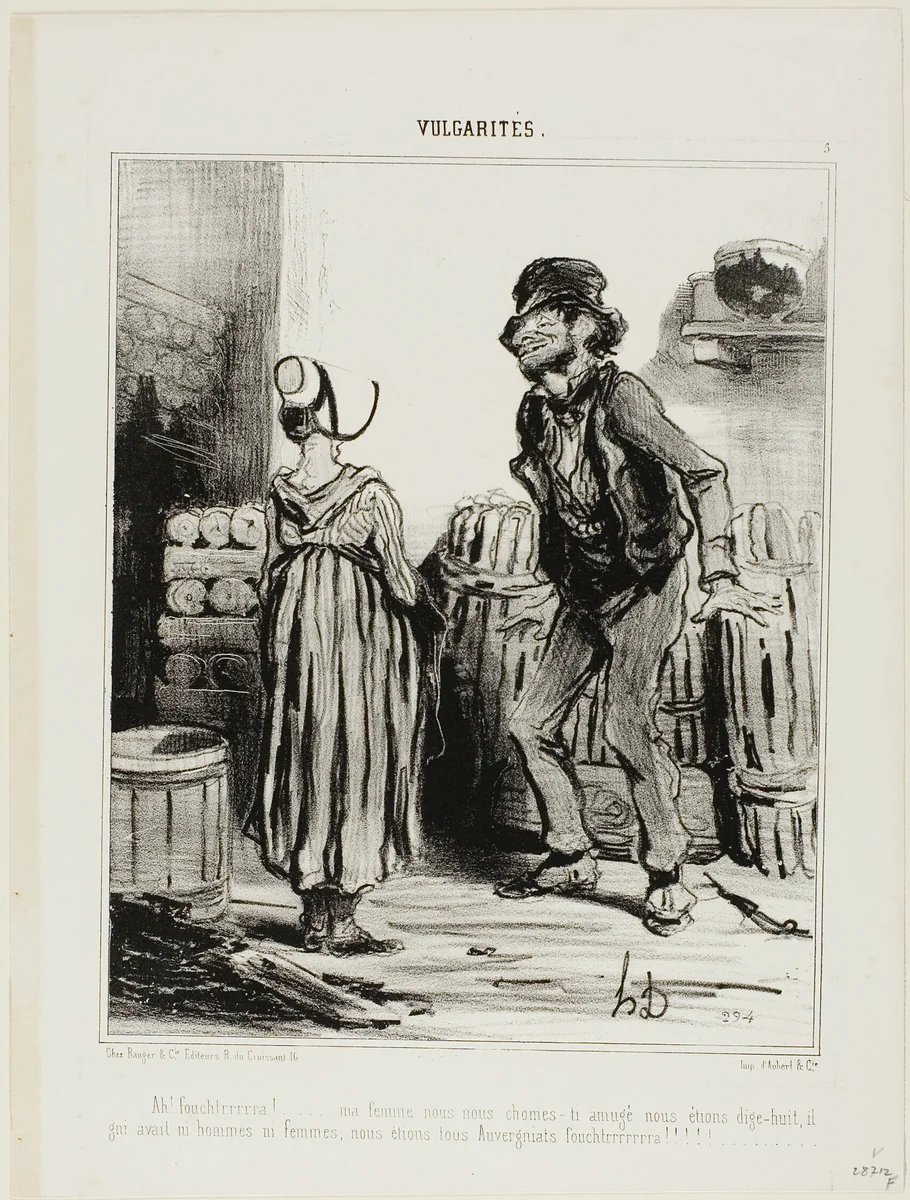 “Ha! Dammmmmnit wife... how much funnn we had when we were eighteen.... no men no women..... just us people from Auvergne,” plate 5 from Vulgarités by Honoré-Victorin Daumier, print, 1841