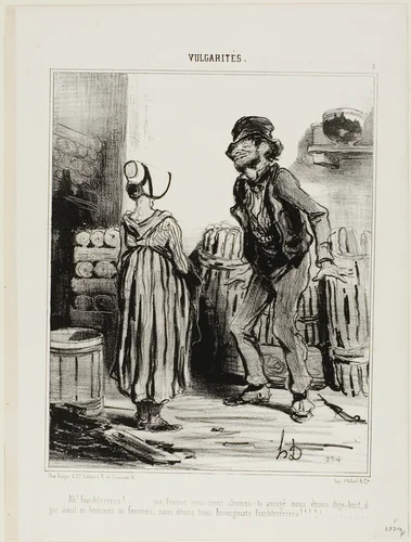 “Ha! Dammmmmnit wife... how much funnn we had when we were eighteen.... no men no women..... just us people from Auvergne,” plate 5 from Vulgarités by Honoré-Victorin Daumier, print, 1841