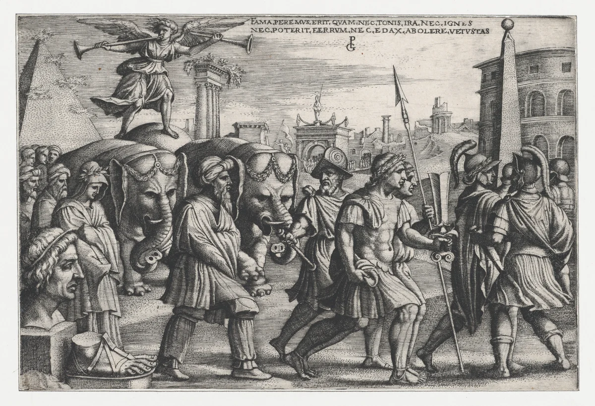 The Triumph of Fame on Chastity, from The Triumphs of Petrarch by Georg Pencz, print, 1534-1544