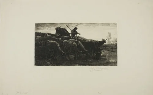 Herd of Cows at the Feeding Trough by Charles-Émile Jacque, print, 1833-1894