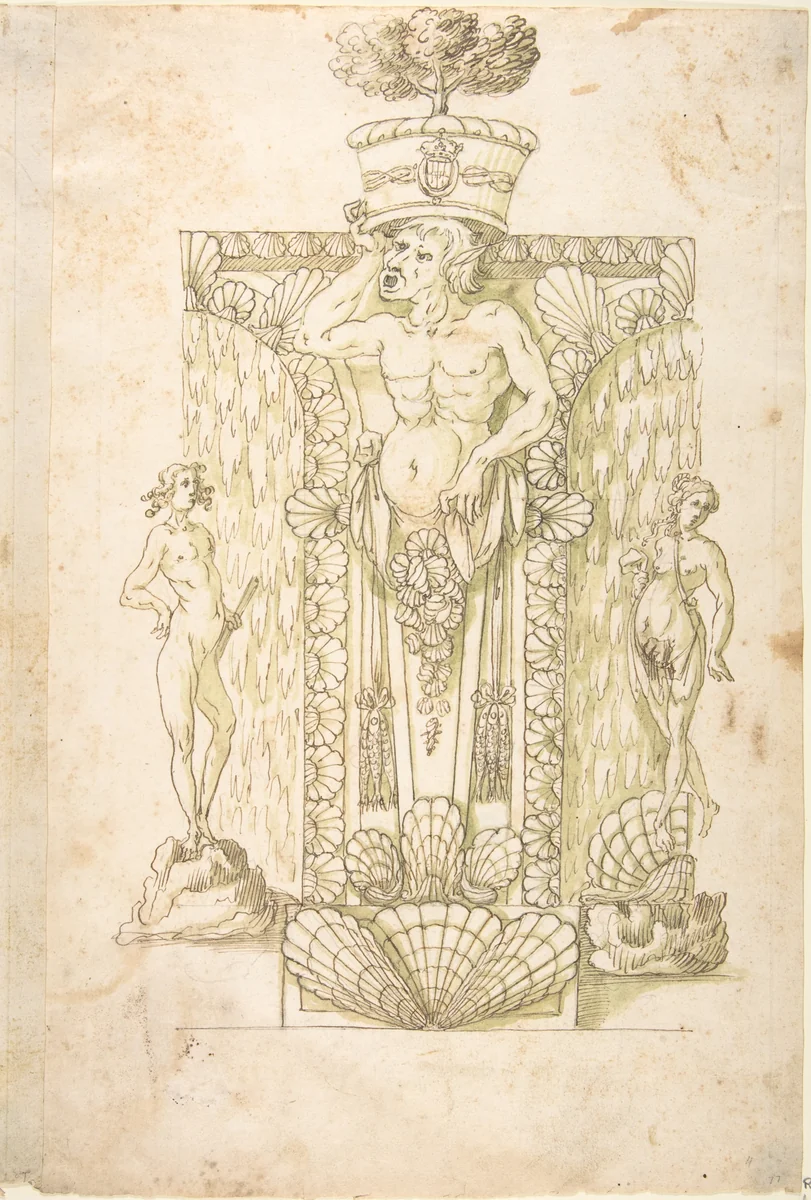 Design for a Wall Fountain by anonymous, drawing, 1550-1620