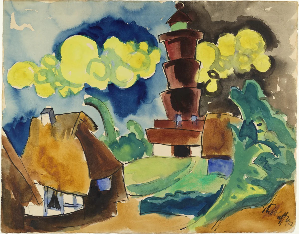 Landscape with Lighthouse (Landschaft mit Leuchtturm) by Karl Schmidt-Rottluff, drawing, 1922