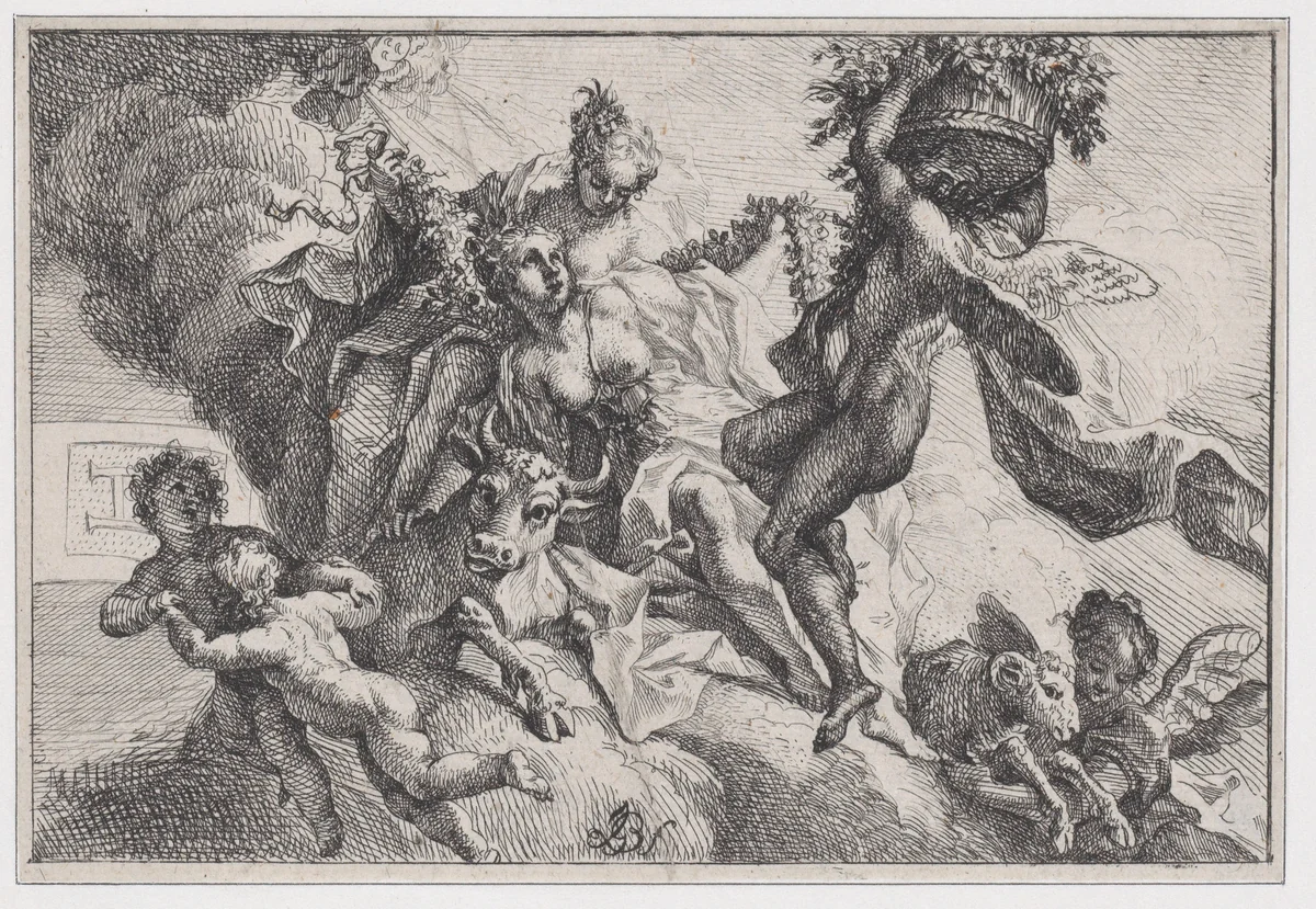 Autumn: allegorical scene with figures seated on clouds with a bull and ram by Johann Georg Bergmüller, print, 1705-1762