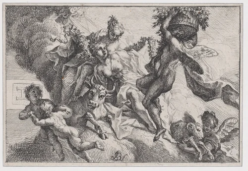 Autumn: allegorical scene with figures seated on clouds with a bull and ram by Johann Georg Bergmüller, print, 1705-1762