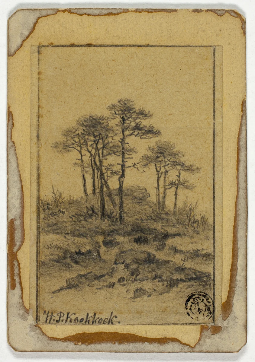 Trees on Rocky Hill by Hendrik Pieter Koekkoek, drawing, 1877-1883