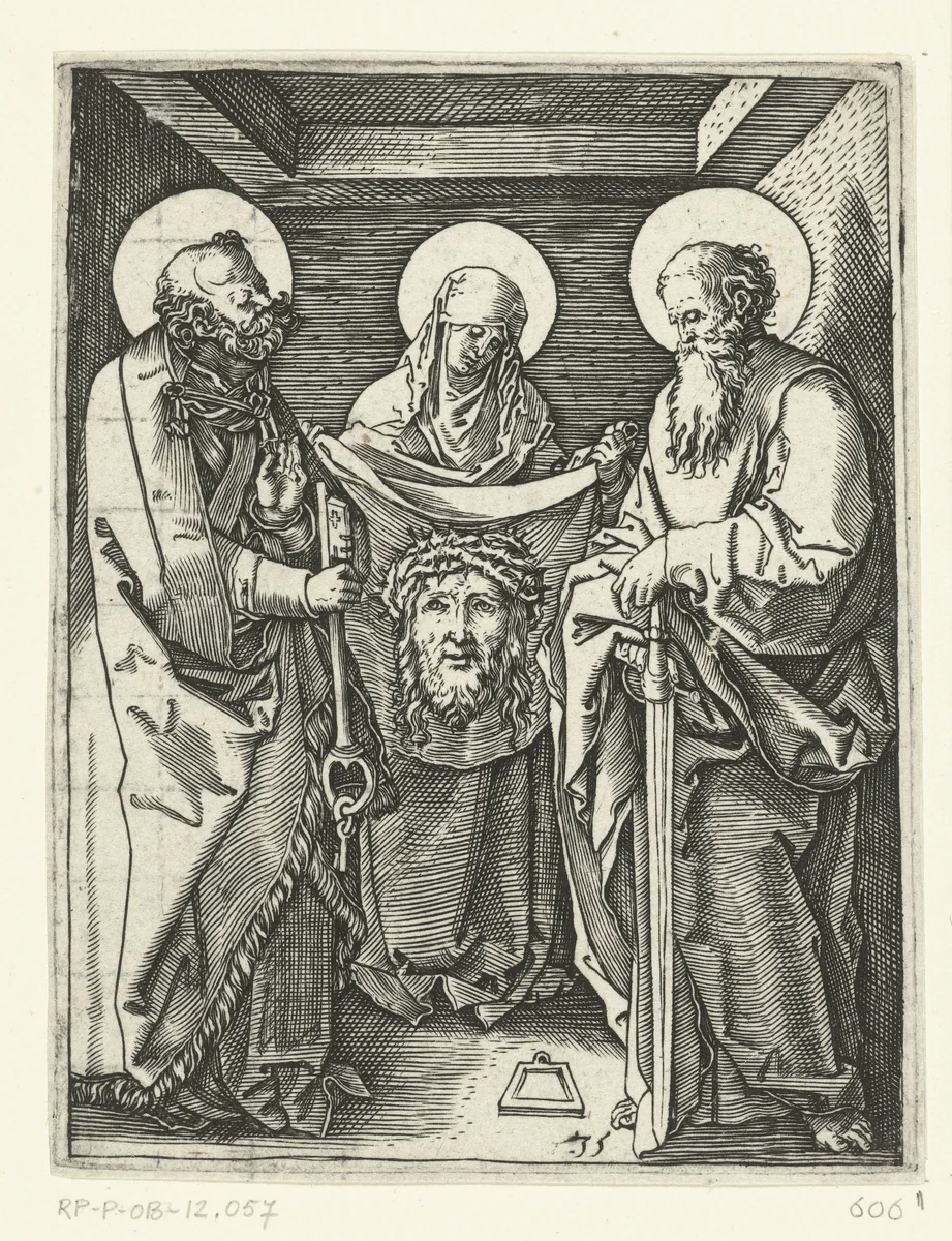 Heilige Veronica met zweetdoek (sudarium) staand tussen heiligen Petrus en Paulus by Unknown, print, 1510-1515