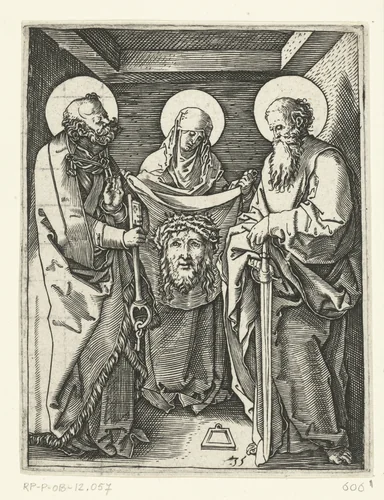 Heilige Veronica met zweetdoek (sudarium) staand tussen heiligen Petrus en Paulus by Unknown, print, 1510-1515
