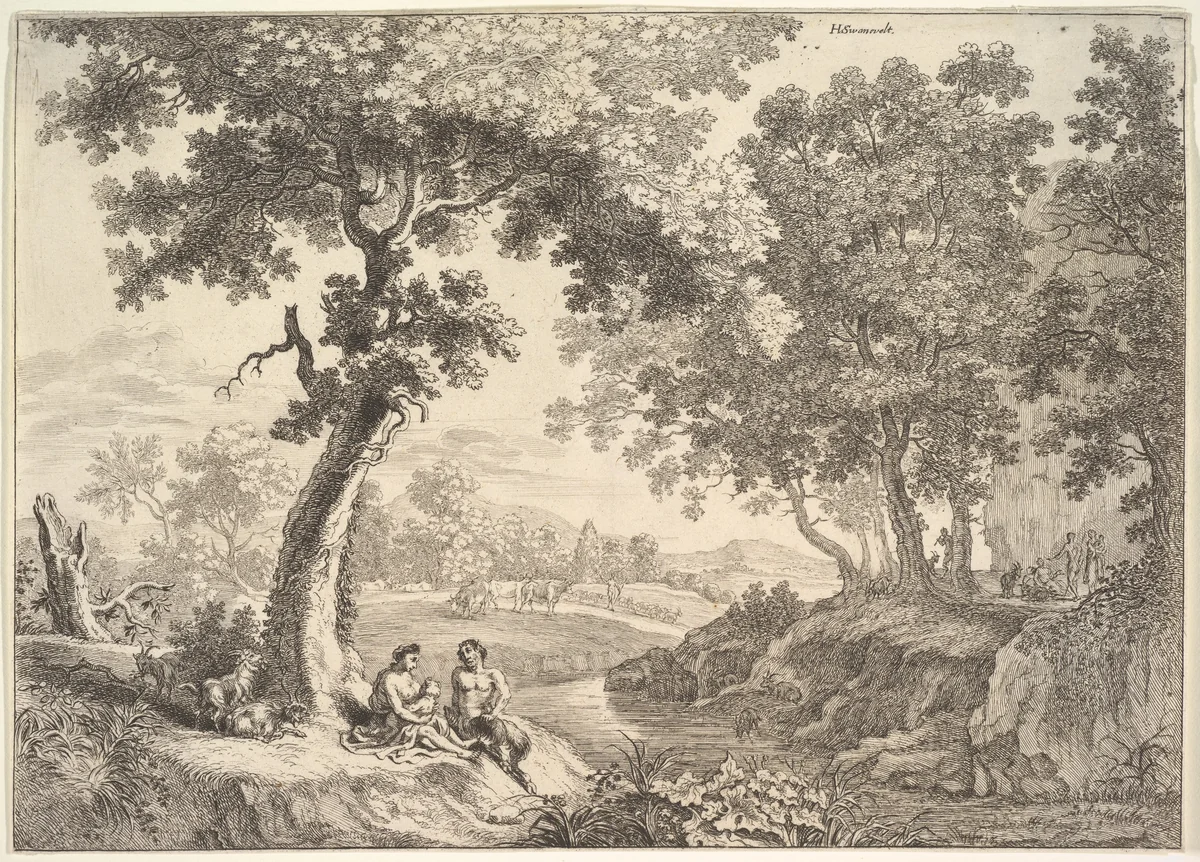 Satyrs in a Landscape by anonymous, print, 1600-1800