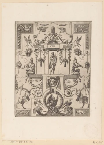 Grotesk ornament met de god Apollo in het midden by anonymous, print, 1624-1679