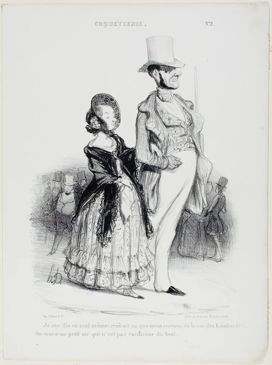 “I say to myself: would anybody imagine that we are coming from the Rue des Lombards?... We really don't look like confectioners at all,” plate 2 from Coquetry by Honoré-Victorin Daumier, print, 1839