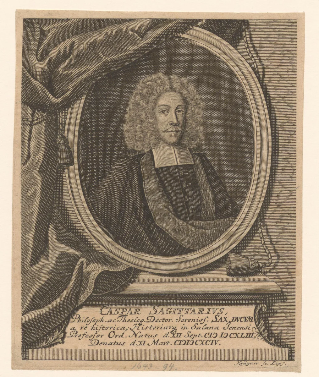 Portret van Caspar Sagittarius by Johann Gottfried Krügner, print, 1694-1769