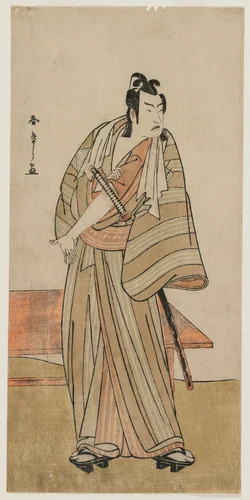 Ichikawa Yaozo II as a Otokodate Standing by a Bench by Katsukawa Shunshô (勝川春章), print, 1775-1785