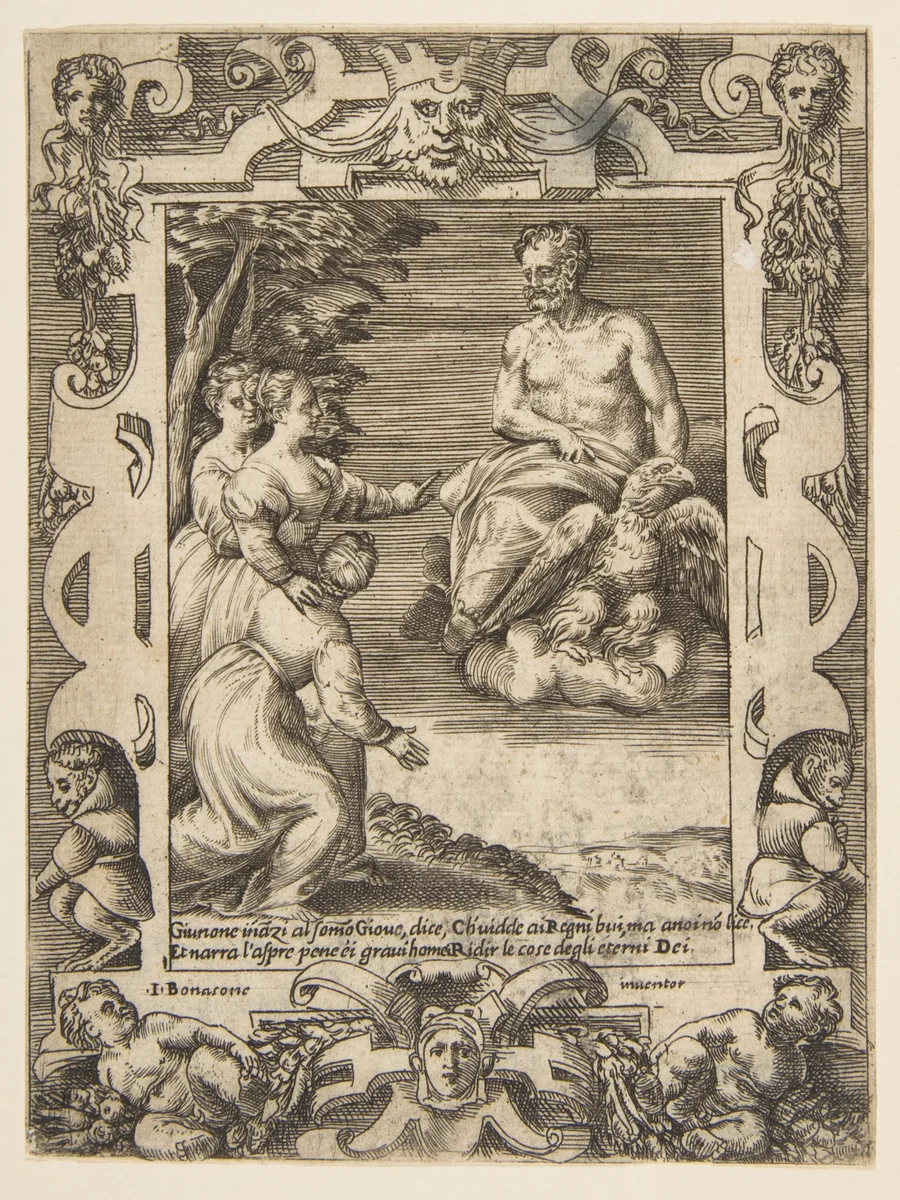 Juno at left asks Jupiter to help the Greeks, set within an elaborate frame, from "Loves, Rages and Jealousies of Juno" by Giulio Bonasone, print, 1531-1576