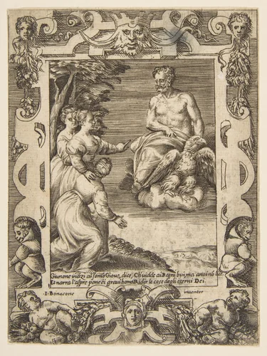 Juno at left asks Jupiter to help the Greeks, set within an elaborate frame, from "Loves, Rages and Jealousies of Juno" by Giulio Bonasone, print, 1531-1576