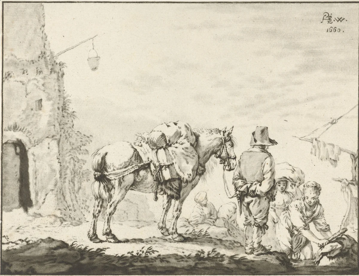 Man met paard bij wasvrouw by Cornelis Ploos van Amstel, print, 1772