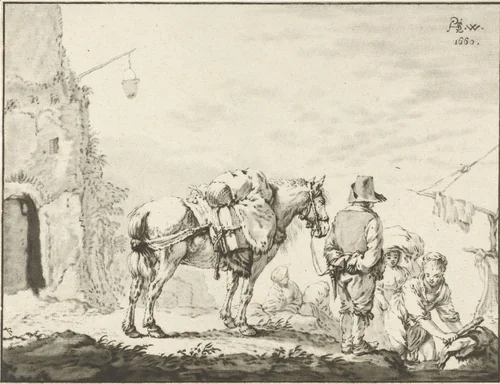 Man met paard bij wasvrouw by Cornelis Ploos van Amstel, print, 1772