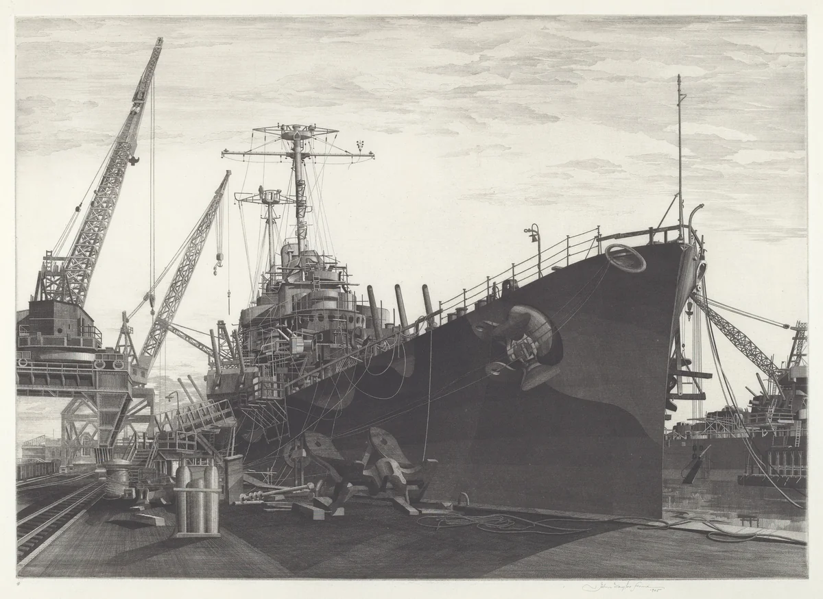 U.S.S. Columbia Under Construction by John Taylor Arms, print, 1945