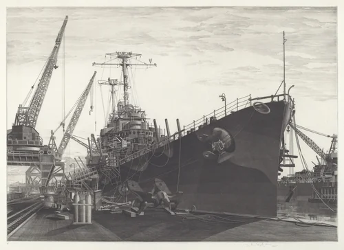 U.S.S. Columbia Under Construction by John Taylor Arms, print, 1945