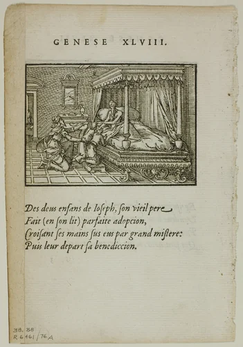 Jacob Blessing the Sons of Joseph (recto) and The Egyptians Sell their Goods to Joseph for Grain (verso) from Quadrins poetiques by Paradin, plate 76 from Woodcuts from Books of the XVI Century by Bernard Salomon, print, 1558